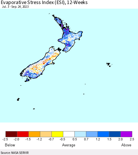 New Zealand Evaporative Stress Index (ESI), 12-Weeks Thematic Map For 9/18/2023 - 9/24/2023