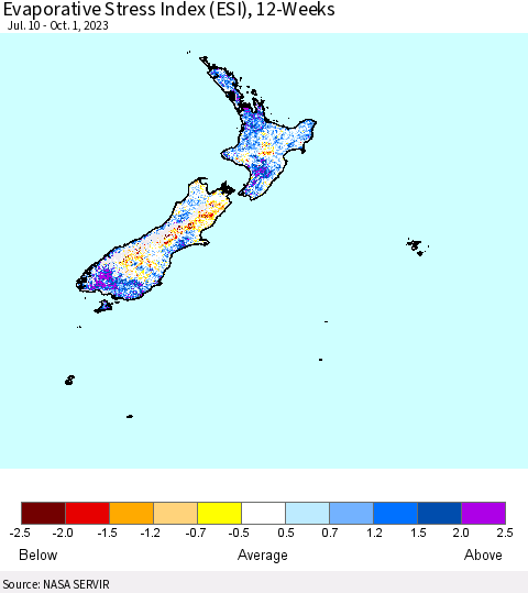 New Zealand Evaporative Stress Index (ESI), 12-Weeks Thematic Map For 9/25/2023 - 10/1/2023
