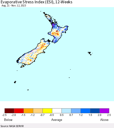 New Zealand Evaporative Stress Index (ESI), 12-Weeks Thematic Map For 11/6/2023 - 11/12/2023