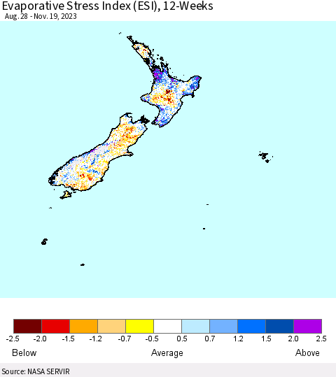 New Zealand Evaporative Stress Index (ESI), 12-Weeks Thematic Map For 11/13/2023 - 11/19/2023
