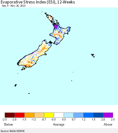 New Zealand Evaporative Stress Index (ESI), 12-Weeks Thematic Map For 11/20/2023 - 11/26/2023
