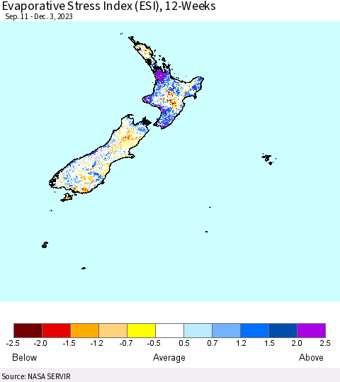 New Zealand Evaporative Stress Index (ESI), 12-Weeks Thematic Map For 11/27/2023 - 12/3/2023