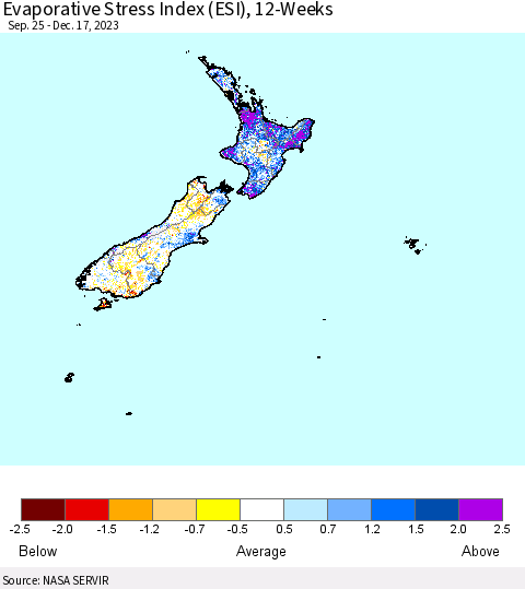 New Zealand Evaporative Stress Index (ESI), 12-Weeks Thematic Map For 12/11/2023 - 12/17/2023