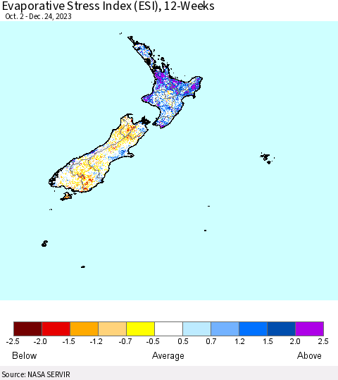 New Zealand Evaporative Stress Index (ESI), 12-Weeks Thematic Map For 12/18/2023 - 12/24/2023
