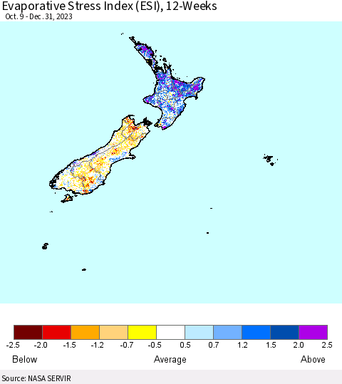 New Zealand Evaporative Stress Index (ESI), 12-Weeks Thematic Map For 12/25/2023 - 12/31/2023