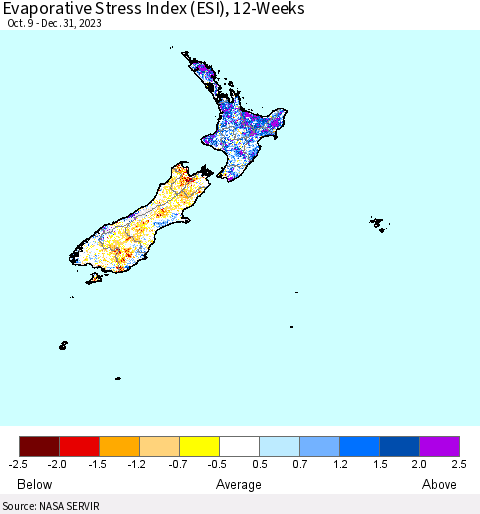 New Zealand Evaporative Stress Index (ESI), 12-Weeks Thematic Map For 1/1/2024 - 1/7/2024