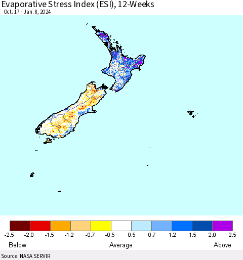 New Zealand Evaporative Stress Index (ESI), 12-Weeks Thematic Map For 1/8/2024 - 1/14/2024