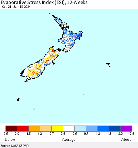 New Zealand Evaporative Stress Index (ESI), 12-Weeks Thematic Map For 1/15/2024 - 1/21/2024
