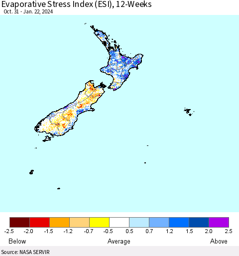 New Zealand Evaporative Stress Index (ESI), 12-Weeks Thematic Map For 1/22/2024 - 1/28/2024