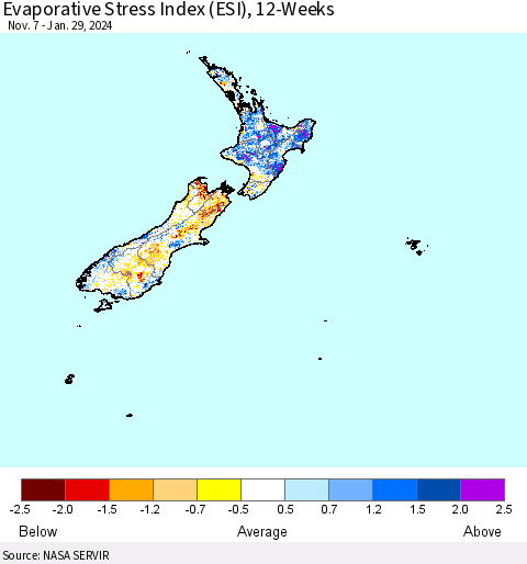 New Zealand Evaporative Stress Index (ESI), 12-Weeks Thematic Map For 1/29/2024 - 2/4/2024