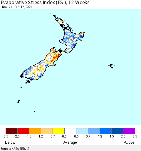 New Zealand Evaporative Stress Index (ESI), 12-Weeks Thematic Map For 2/12/2024 - 2/18/2024