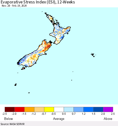 New Zealand Evaporative Stress Index (ESI), 12-Weeks Thematic Map For 2/19/2024 - 2/25/2024