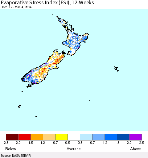 New Zealand Evaporative Stress Index (ESI), 12-Weeks Thematic Map For 3/4/2024 - 3/10/2024