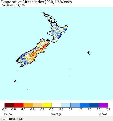 New Zealand Evaporative Stress Index (ESI), 12-Weeks Thematic Map For 3/11/2024 - 3/17/2024