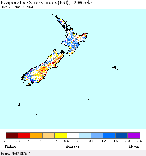 New Zealand Evaporative Stress Index (ESI), 12-Weeks Thematic Map For 3/18/2024 - 3/24/2024