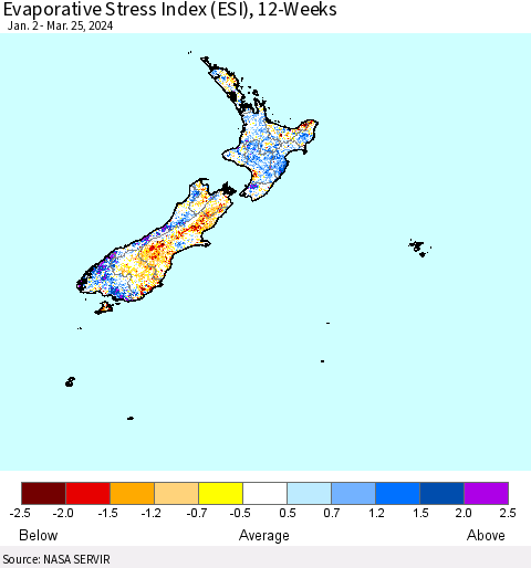 New Zealand Evaporative Stress Index (ESI), 12-Weeks Thematic Map For 3/25/2024 - 3/31/2024