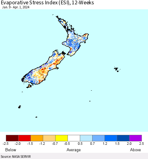New Zealand Evaporative Stress Index (ESI), 12-Weeks Thematic Map For 4/1/2024 - 4/7/2024