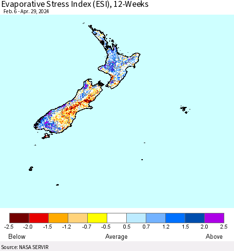 New Zealand Evaporative Stress Index (ESI), 12-Weeks Thematic Map For 4/29/2024 - 5/5/2024