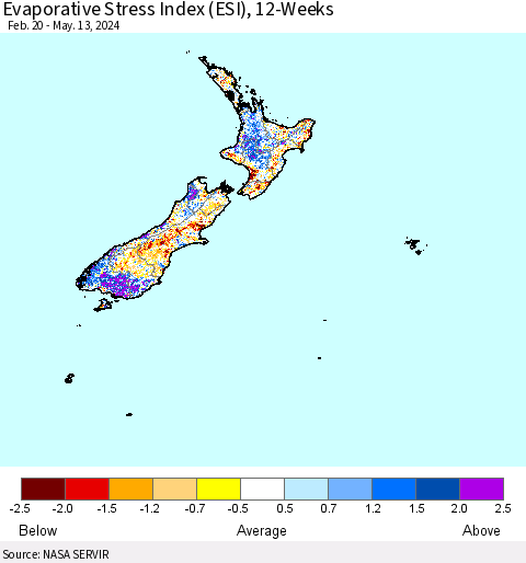 New Zealand Evaporative Stress Index (ESI), 12-Weeks Thematic Map For 5/13/2024 - 5/19/2024