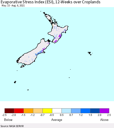 New Zealand Evaporative Stress Index (ESI), 12-Weeks over Croplands Thematic Map For 8/2/2021 - 8/8/2021