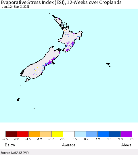 New Zealand Evaporative Stress Index (ESI), 12-Weeks over Croplands Thematic Map For 8/30/2021 - 9/5/2021