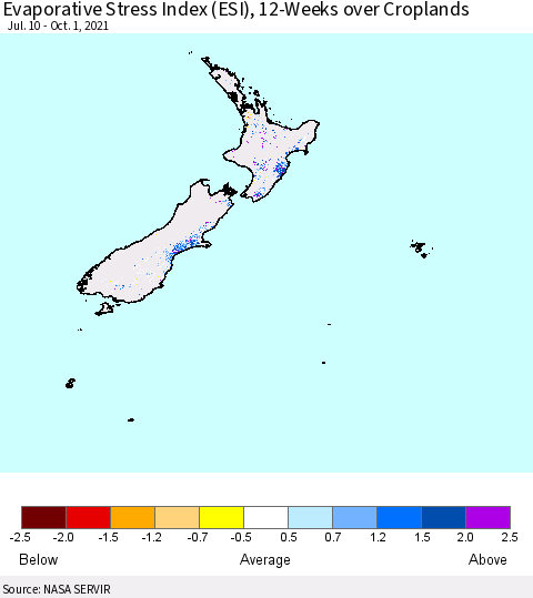 New Zealand Evaporative Stress Index (ESI), 12-Weeks over Croplands Thematic Map For 9/27/2021 - 10/3/2021