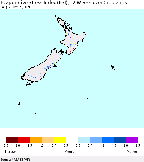 New Zealand Evaporative Stress Index (ESI), 12-Weeks over Croplands Thematic Map For 10/25/2021 - 10/31/2021