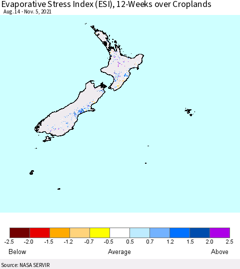 New Zealand Evaporative Stress Index (ESI), 12-Weeks over Croplands Thematic Map For 11/1/2021 - 11/7/2021