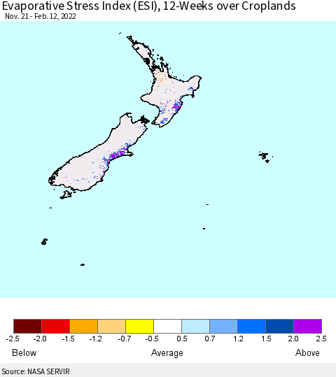 New Zealand Evaporative Stress Index (ESI), 12-Weeks over Croplands Thematic Map For 2/7/2022 - 2/13/2022