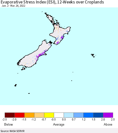 New Zealand Evaporative Stress Index (ESI), 12-Weeks over Croplands Thematic Map For 3/21/2022 - 3/27/2022