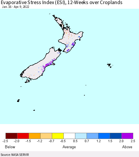 New Zealand Evaporative Stress Index (ESI), 12-Weeks over Croplands Thematic Map For 4/4/2022 - 4/10/2022
