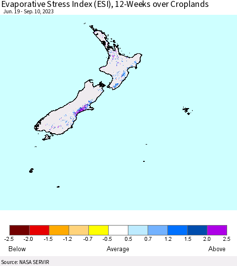 New Zealand Evaporative Stress Index (ESI), 12-Weeks over Croplands Thematic Map For 9/4/2023 - 9/10/2023