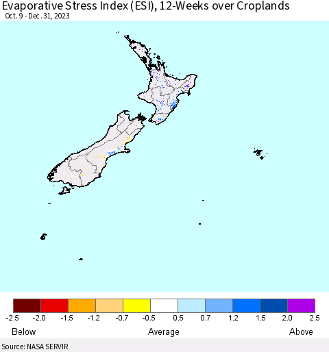 New Zealand Evaporative Stress Index (ESI), 12-Weeks over Croplands Thematic Map For 1/1/2024 - 1/7/2024