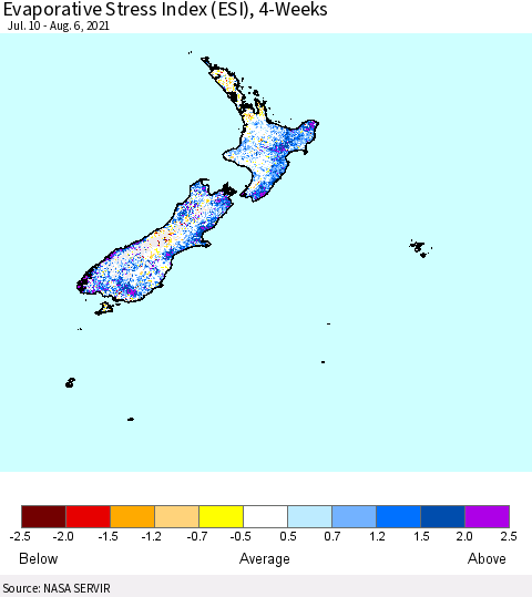 New Zealand Evaporative Stress Index (ESI), 4-Weeks Thematic Map For 8/2/2021 - 8/8/2021