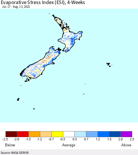 New Zealand Evaporative Stress Index (ESI), 4-Weeks Thematic Map For 8/9/2021 - 8/15/2021