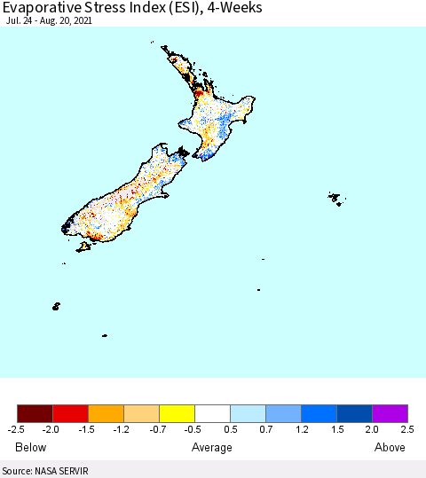 New Zealand Evaporative Stress Index (ESI), 4-Weeks Thematic Map For 8/16/2021 - 8/22/2021