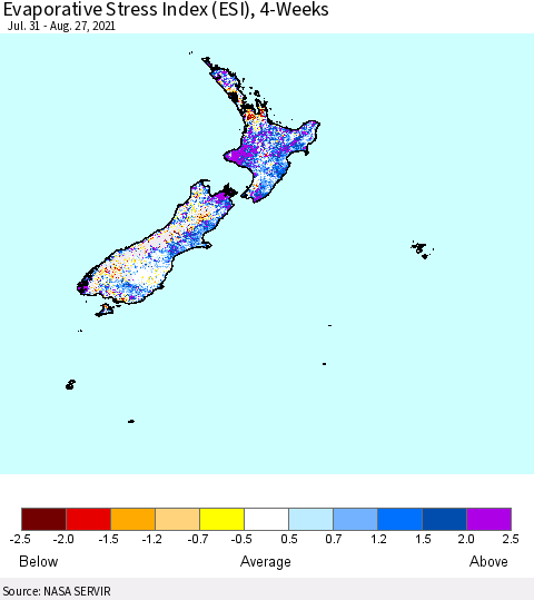 New Zealand Evaporative Stress Index (ESI), 4-Weeks Thematic Map For 8/23/2021 - 8/29/2021