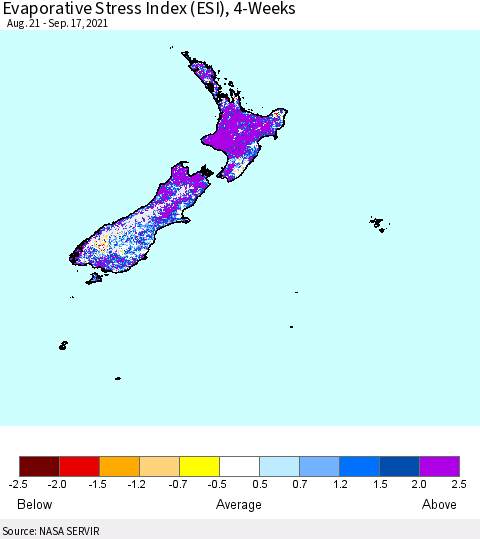 New Zealand Evaporative Stress Index (ESI), 4-Weeks Thematic Map For 9/13/2021 - 9/19/2021