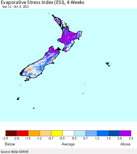 New Zealand Evaporative Stress Index (ESI), 4-Weeks Thematic Map For 10/4/2021 - 10/10/2021