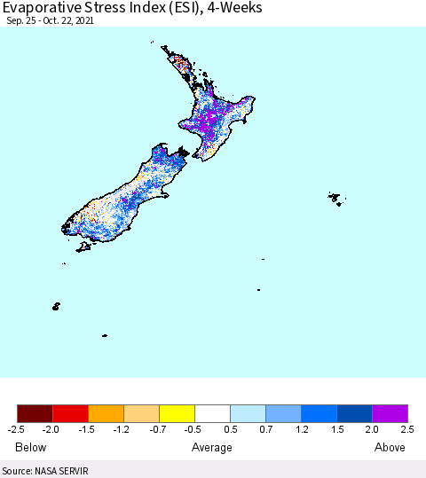 New Zealand Evaporative Stress Index (ESI), 4-Weeks Thematic Map For 10/18/2021 - 10/24/2021