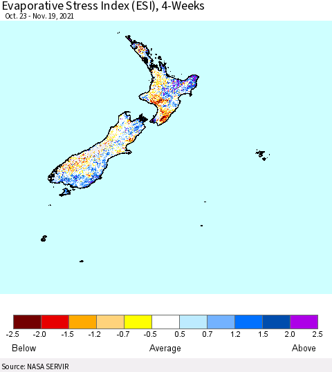New Zealand Evaporative Stress Index (ESI), 4-Weeks Thematic Map For 11/15/2021 - 11/21/2021