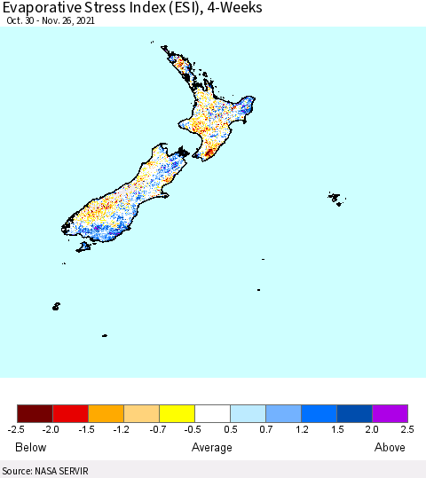 New Zealand Evaporative Stress Index (ESI), 4-Weeks Thematic Map For 11/22/2021 - 11/28/2021