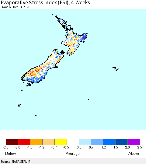New Zealand Evaporative Stress Index (ESI), 4-Weeks Thematic Map For 11/29/2021 - 12/5/2021