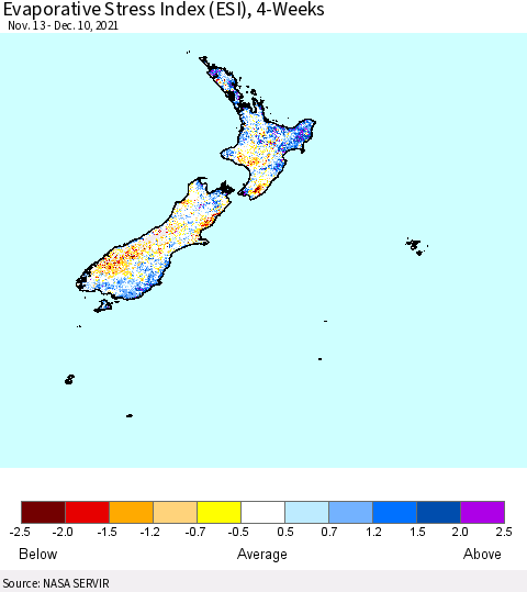 New Zealand Evaporative Stress Index (ESI), 4-Weeks Thematic Map For 12/6/2021 - 12/12/2021