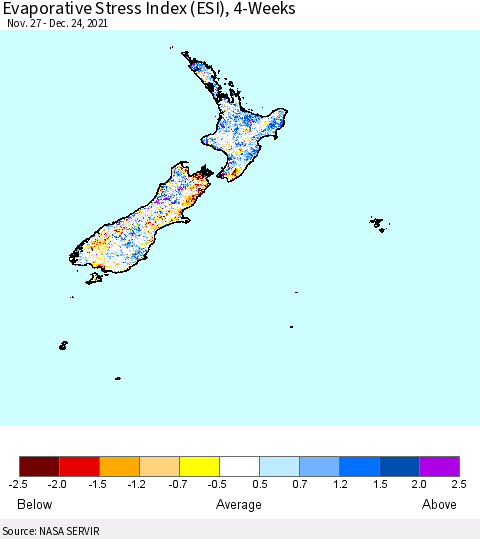 New Zealand Evaporative Stress Index (ESI), 4-Weeks Thematic Map For 12/20/2021 - 12/26/2021