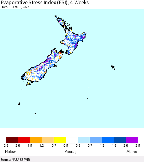 New Zealand Evaporative Stress Index (ESI), 4-Weeks Thematic Map For 12/27/2021 - 1/2/2022