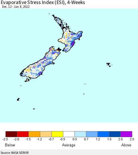 New Zealand Evaporative Stress Index (ESI), 4-Weeks Thematic Map For 1/3/2022 - 1/9/2022