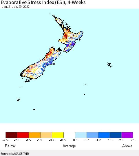 New Zealand Evaporative Stress Index (ESI), 4-Weeks Thematic Map For 1/24/2022 - 1/30/2022