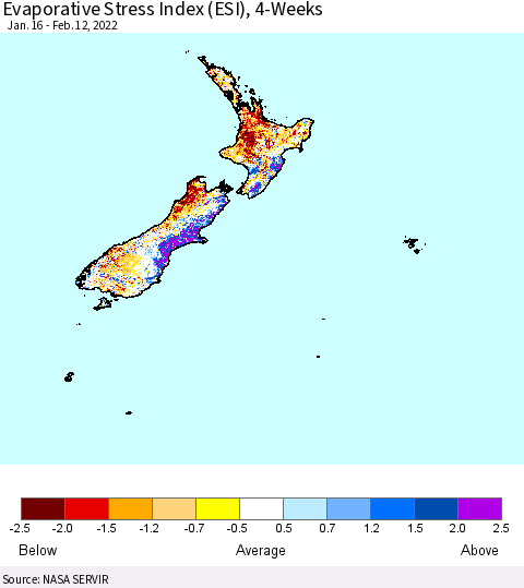 New Zealand Evaporative Stress Index (ESI), 4-Weeks Thematic Map For 2/7/2022 - 2/13/2022