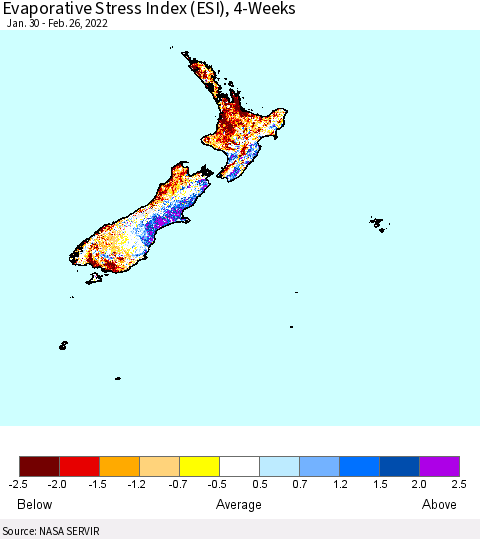 New Zealand Evaporative Stress Index (ESI), 4-Weeks Thematic Map For 2/21/2022 - 2/27/2022